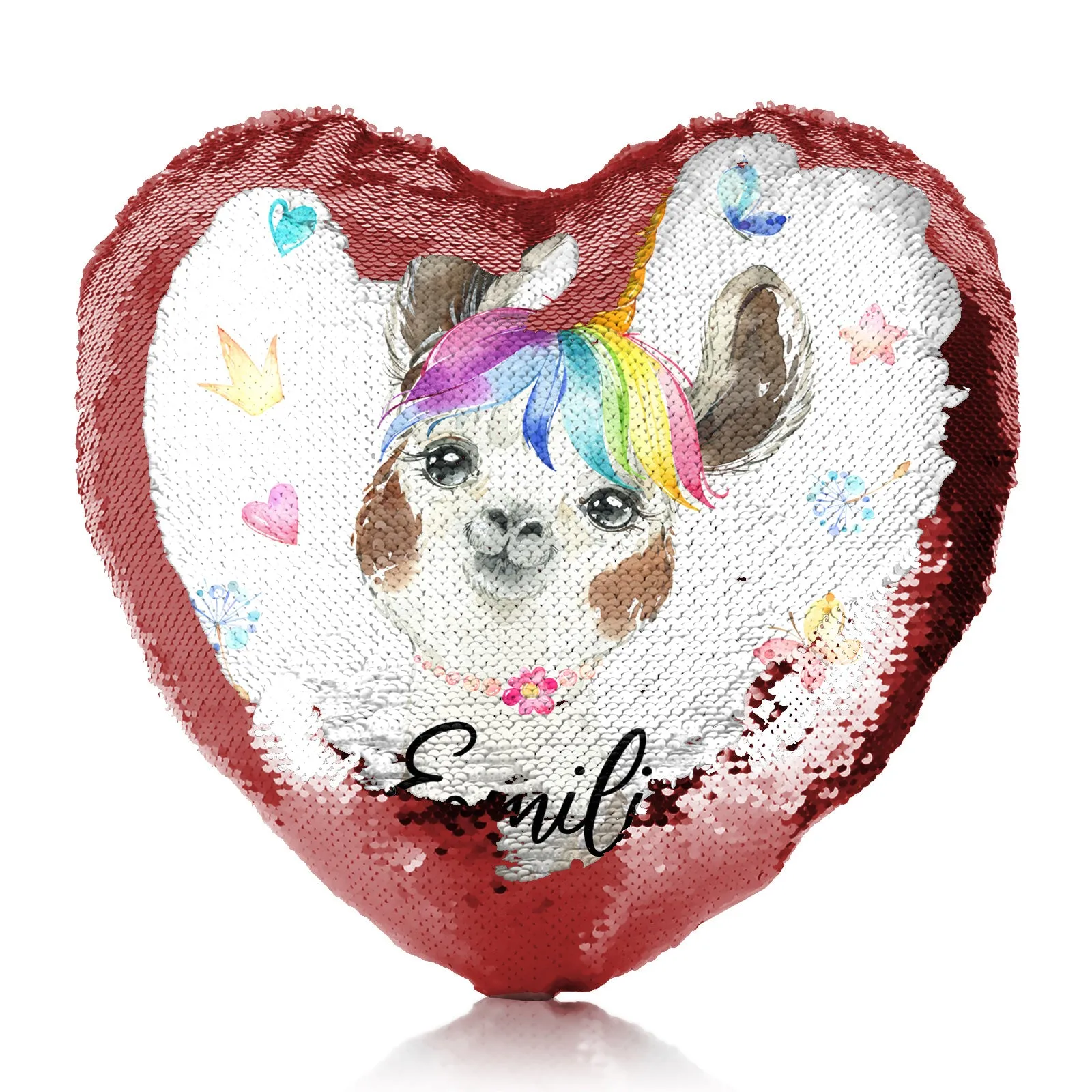 Personalised Sequin Heart Cushion with Alpaca Unicorn with Rainbow Hair Hearts Stars and Cute Text