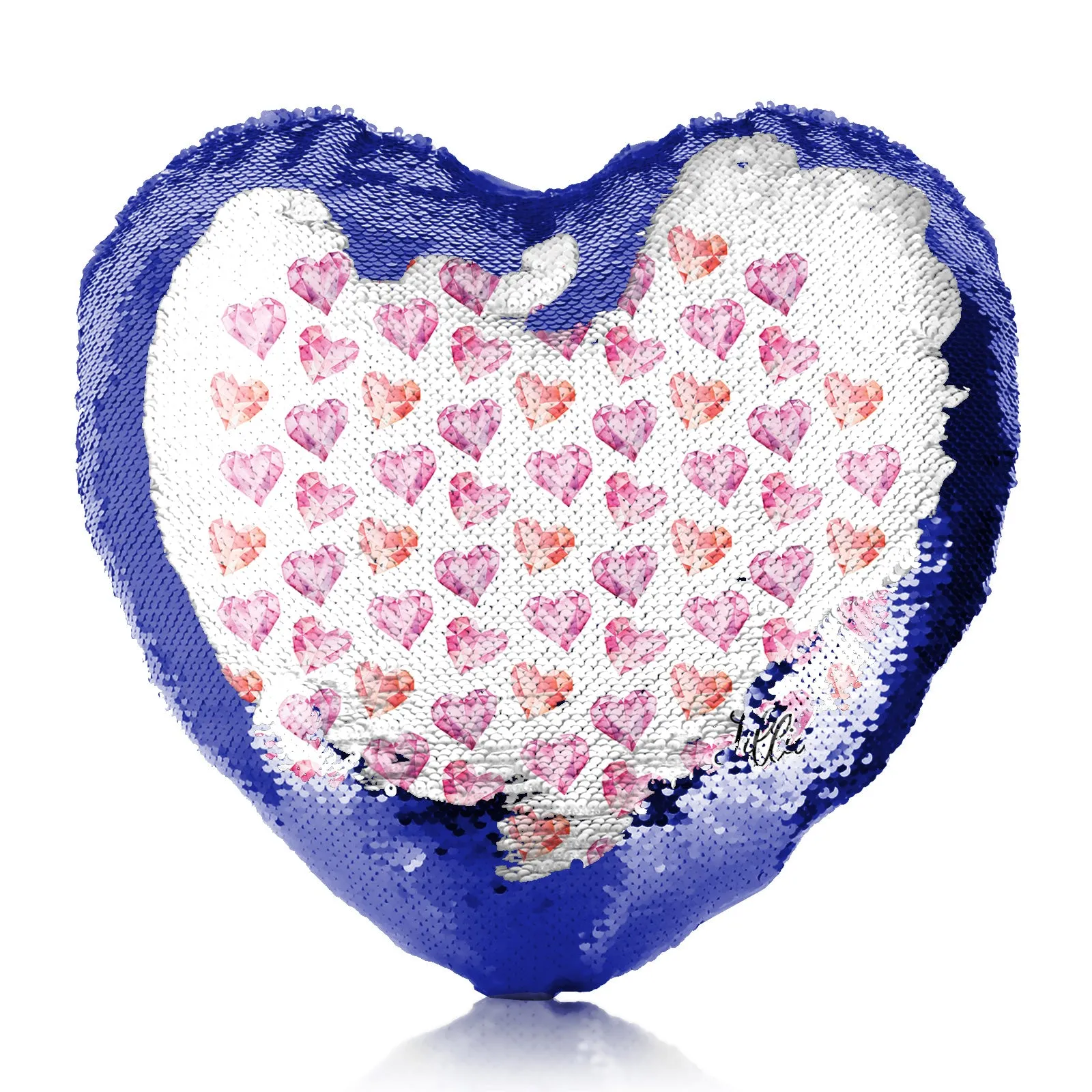 Personalised Sequin Heart Cushion with Stylish Text and Crystal Hearts Print