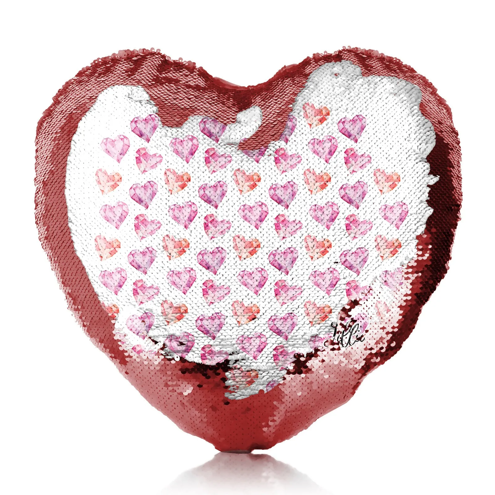 Personalised Sequin Heart Cushion with Stylish Text and Crystal Hearts Print