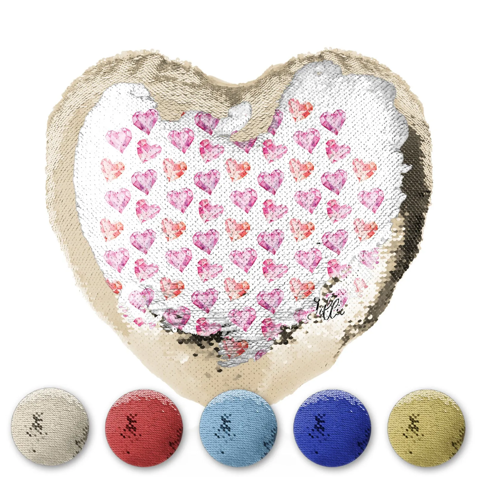 Personalised Sequin Heart Cushion with Stylish Text and Crystal Hearts Print