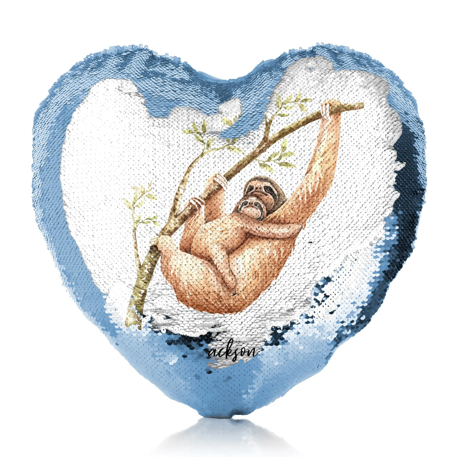 Personalised Sequin Heart Cushion with Welcoming Text and Climbing Mum and Baby Sloths