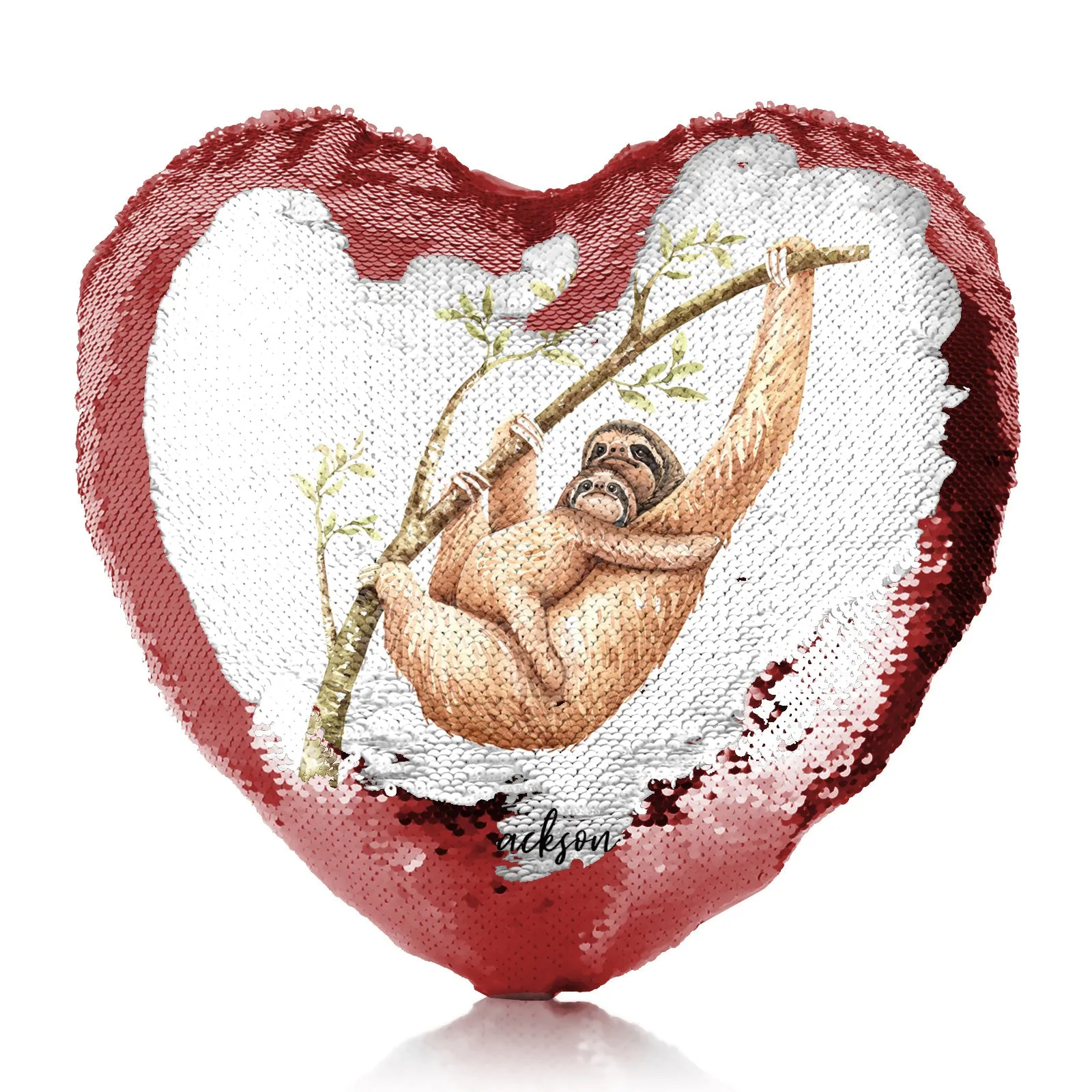 Personalised Sequin Heart Cushion with Welcoming Text and Climbing Mum and Baby Sloths