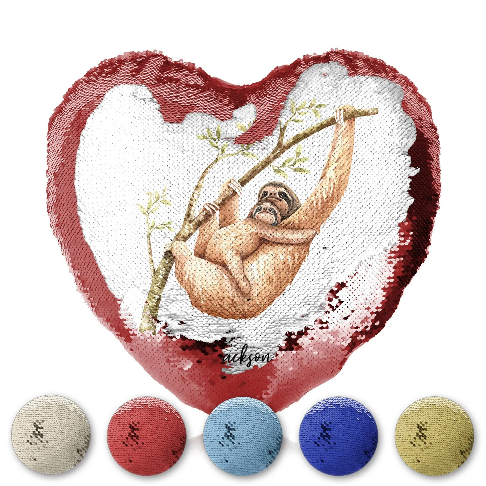 Personalised Sequin Heart Cushion with Welcoming Text and Climbing Mum and Baby Sloths