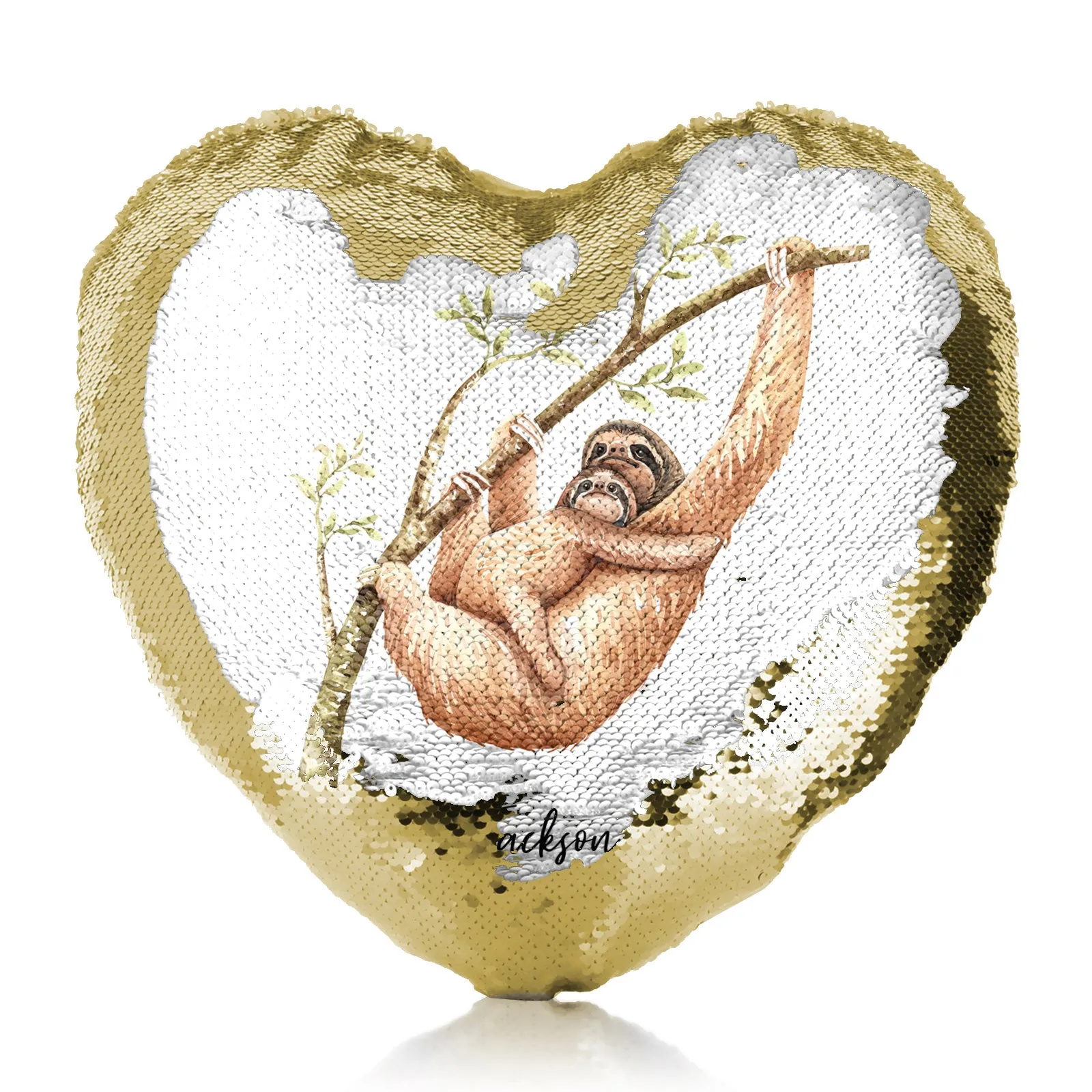 Personalised Sequin Heart Cushion with Welcoming Text and Climbing Mum and Baby Sloths