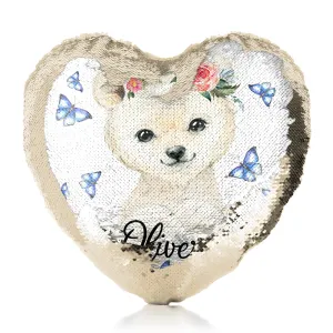 Personalised Sequin Heart Cushion with White Polar Bear Blue Butterflies and Cute Text