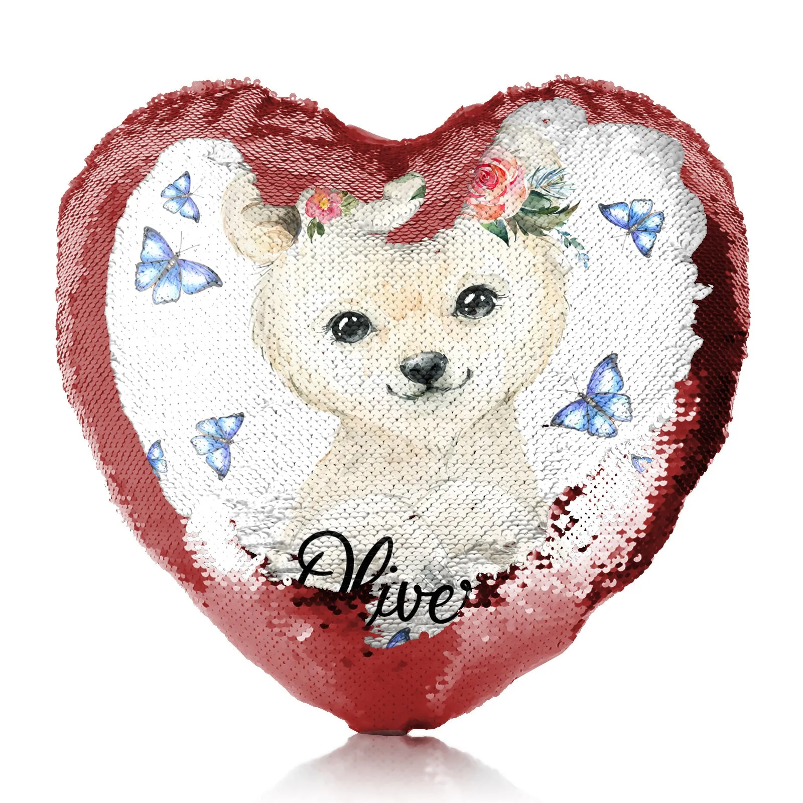 Personalised Sequin Heart Cushion with White Polar Bear Blue Butterflies and Cute Text