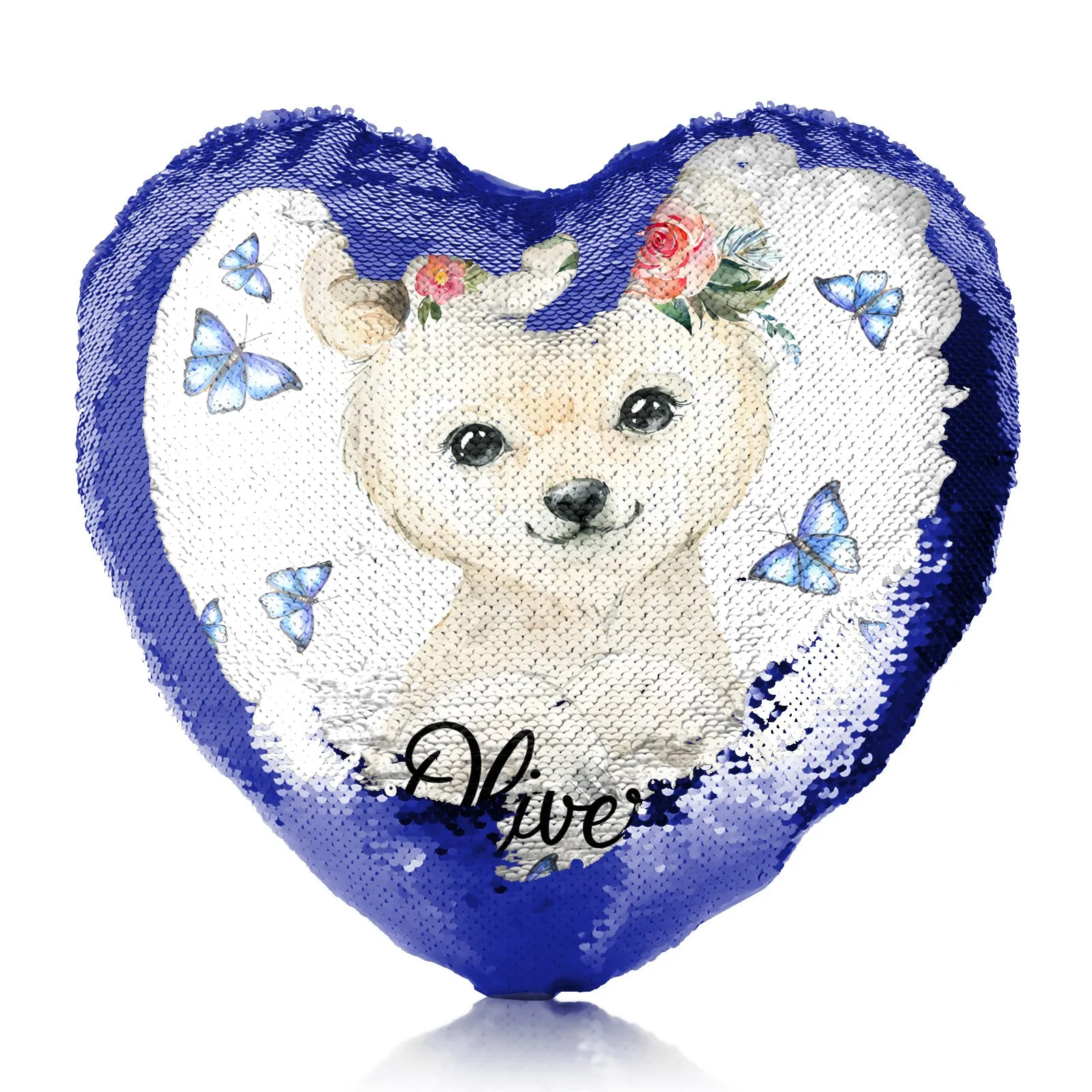 Personalised Sequin Heart Cushion with White Polar Bear Blue Butterflies and Cute Text