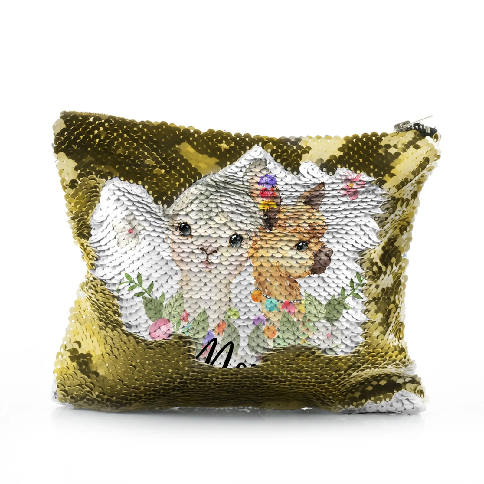 Personalised Sequin Zip Bag with Alpacas Multicolour Baubles and Cute Text