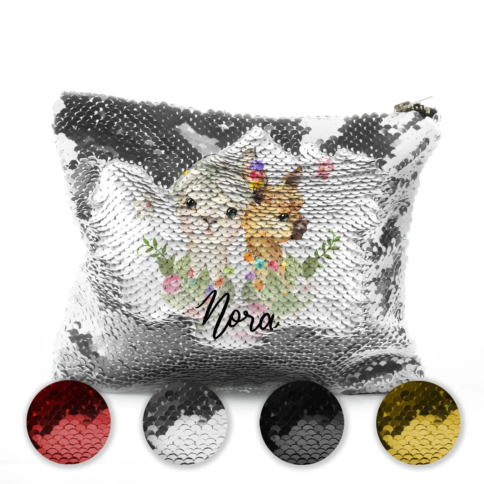 Personalised Sequin Zip Bag with Alpacas Multicolour Baubles and Cute Text