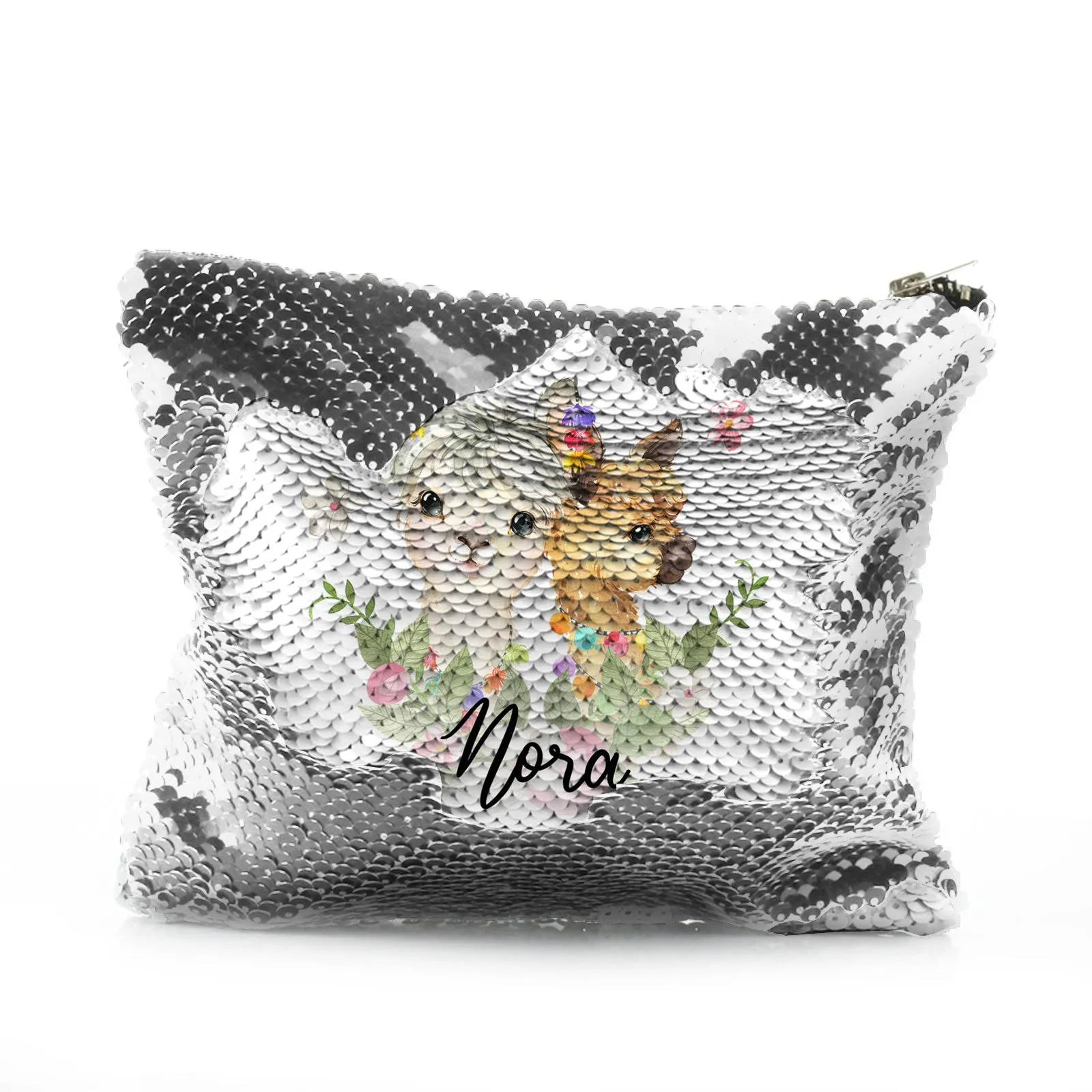 Personalised Sequin Zip Bag with Alpacas Multicolour Baubles and Cute Text