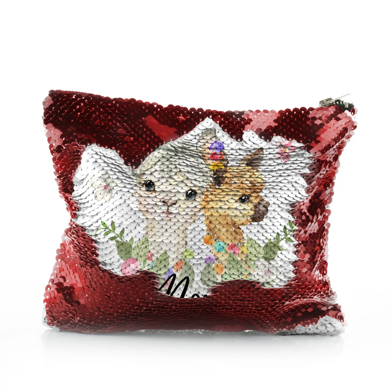 Personalised Sequin Zip Bag with Alpacas Multicolour Baubles and Cute Text