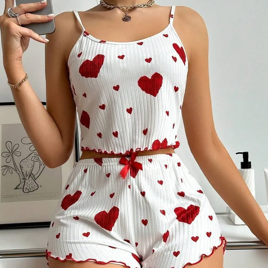 Playful Heart Print Two-Piece Pajama Set with Ruffled Edges