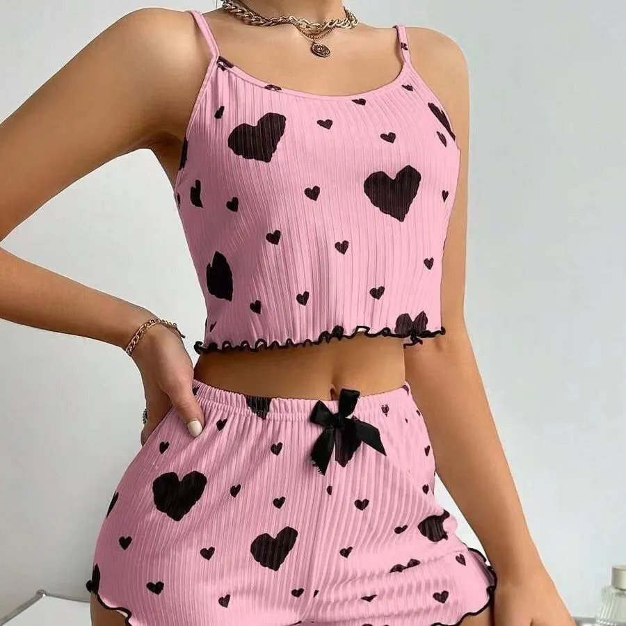 Playful Heart Print Two-Piece Pajama Set with Ruffled Edges