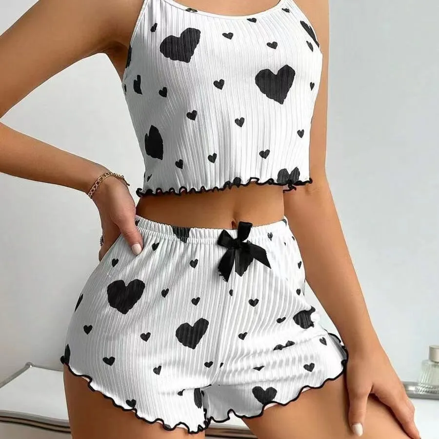 Playful Heart Print Two-Piece Pajama Set with Ruffled Edges