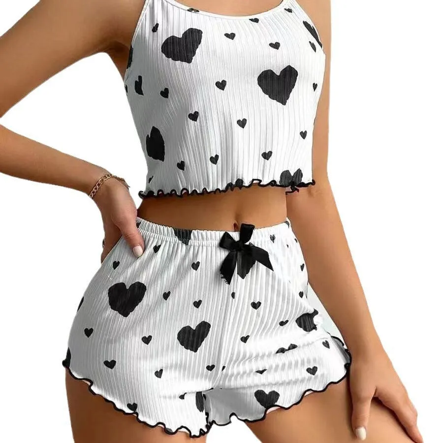 Playful Heart Print Two-Piece Pajama Set with Ruffled Edges