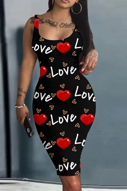 Playful Love-Print Sleeveless Bodycon Dress for Effortless Charm