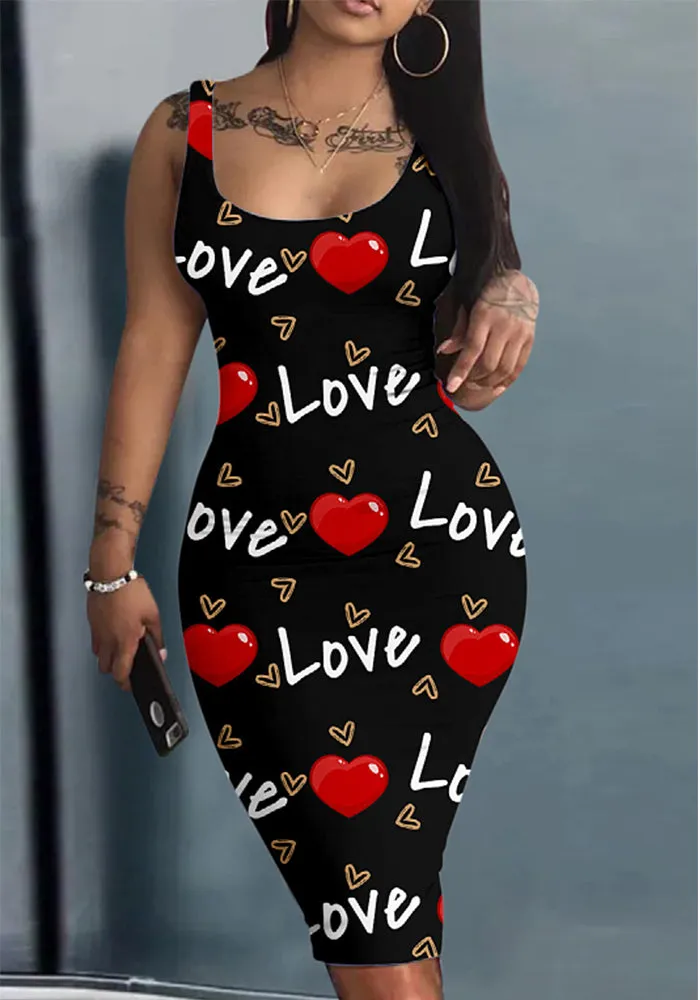 Playful Love-Print Sleeveless Bodycon Dress for Effortless Charm
