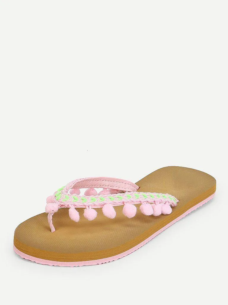 Pom Pom Decorated Flat Slippers