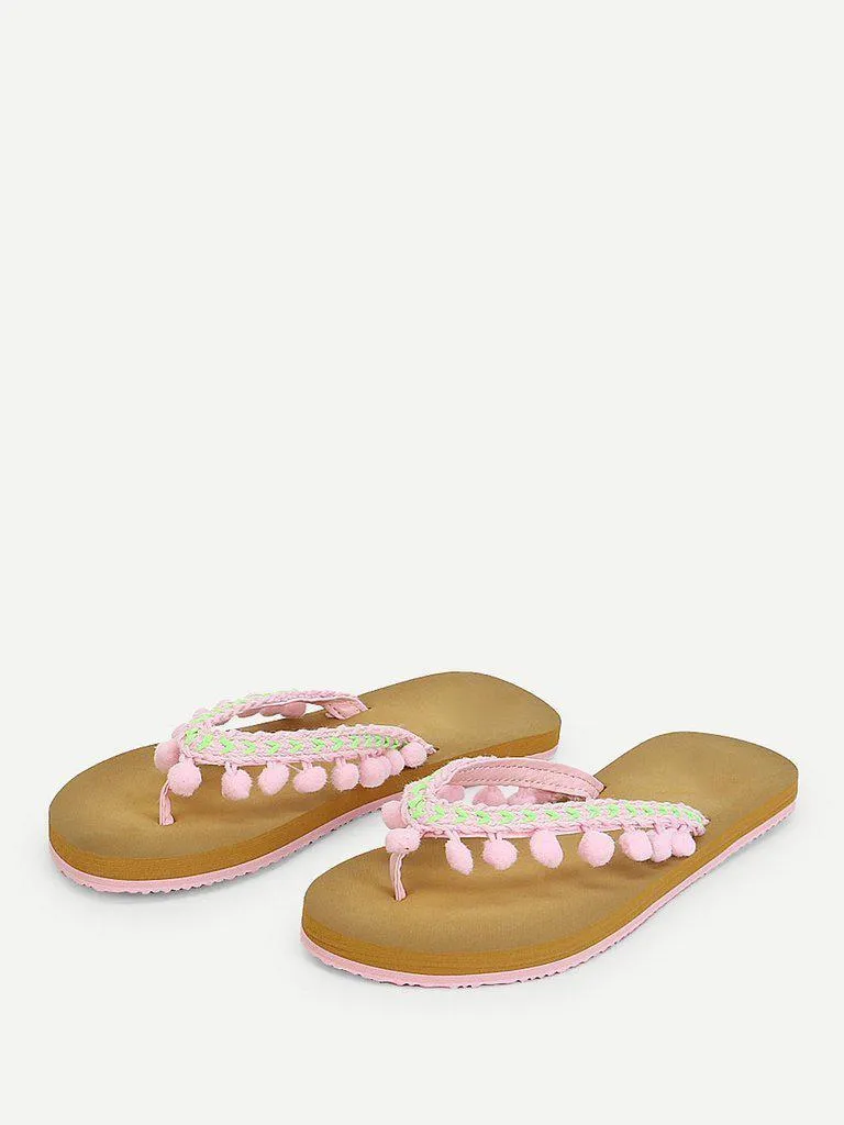 Pom Pom Decorated Flat Slippers