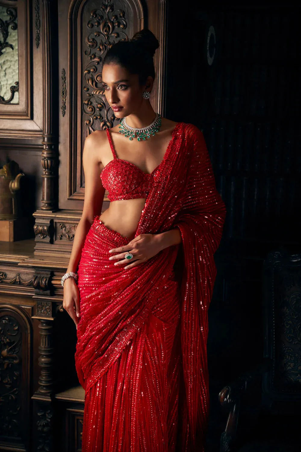 Red Sequin Net Saree