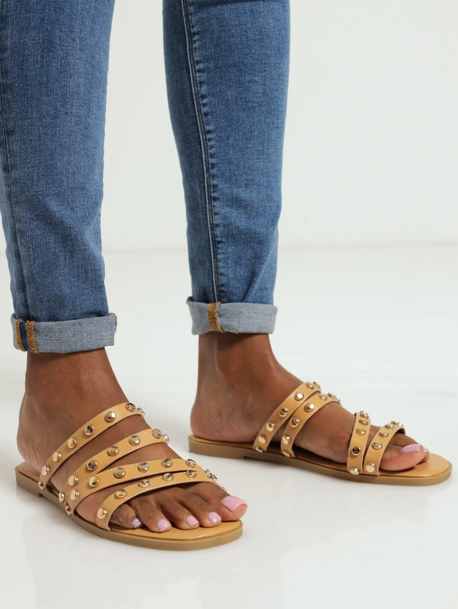 Studded Strappy Mule Sandal - Natural