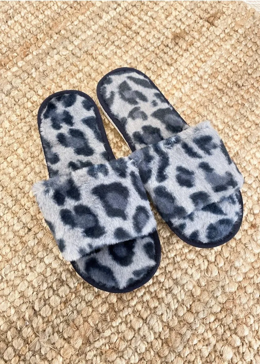Taylor Fluffy Slides - Grey Leopard