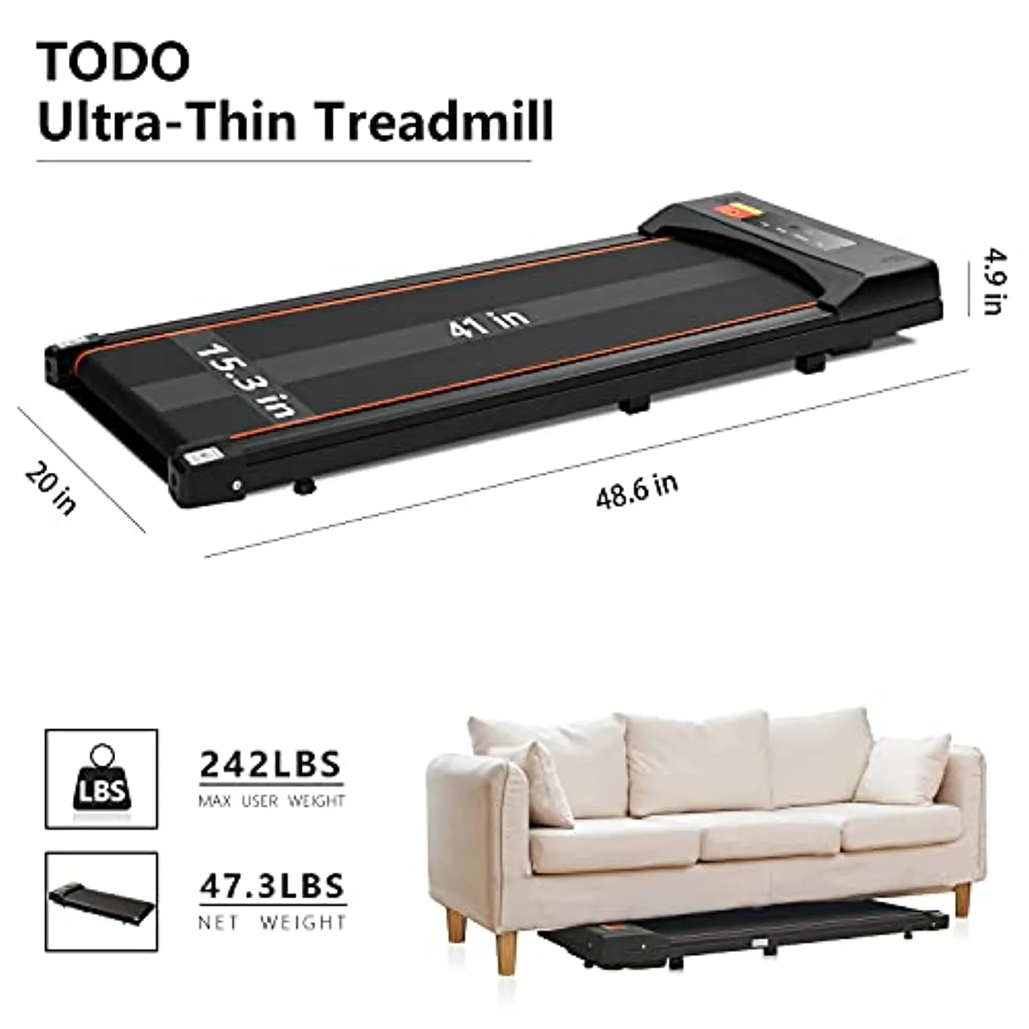 TODO Under Desk Treadmill Electric Portable Walkstation Installation Free, Slim Flat with Remote Control and LED Display, Walking Jogging for Home Office Use