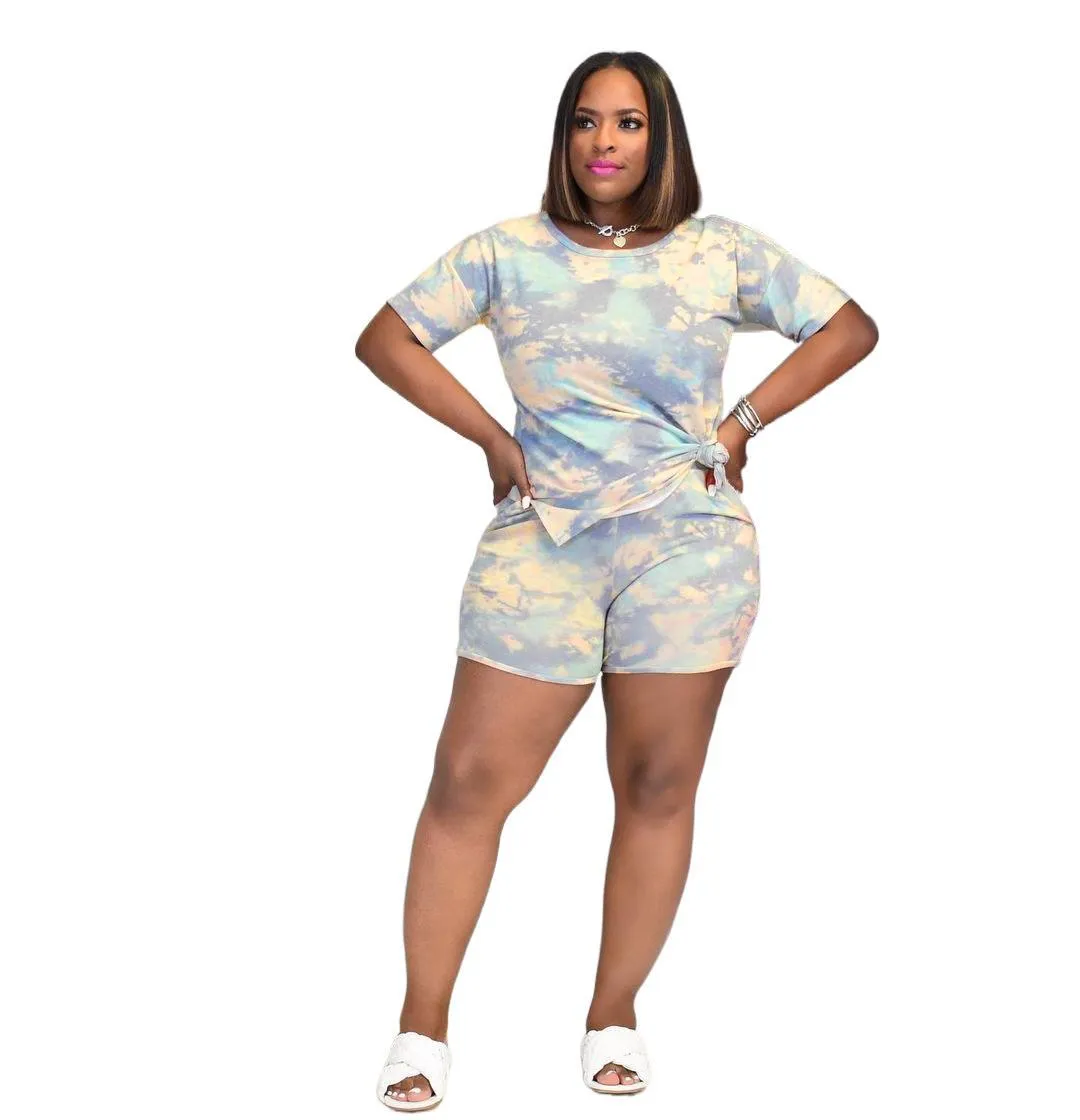 Vibrant Tie-Dye Inspired Plus Size Two-Piece Shorts Set for Effortless Summer Style