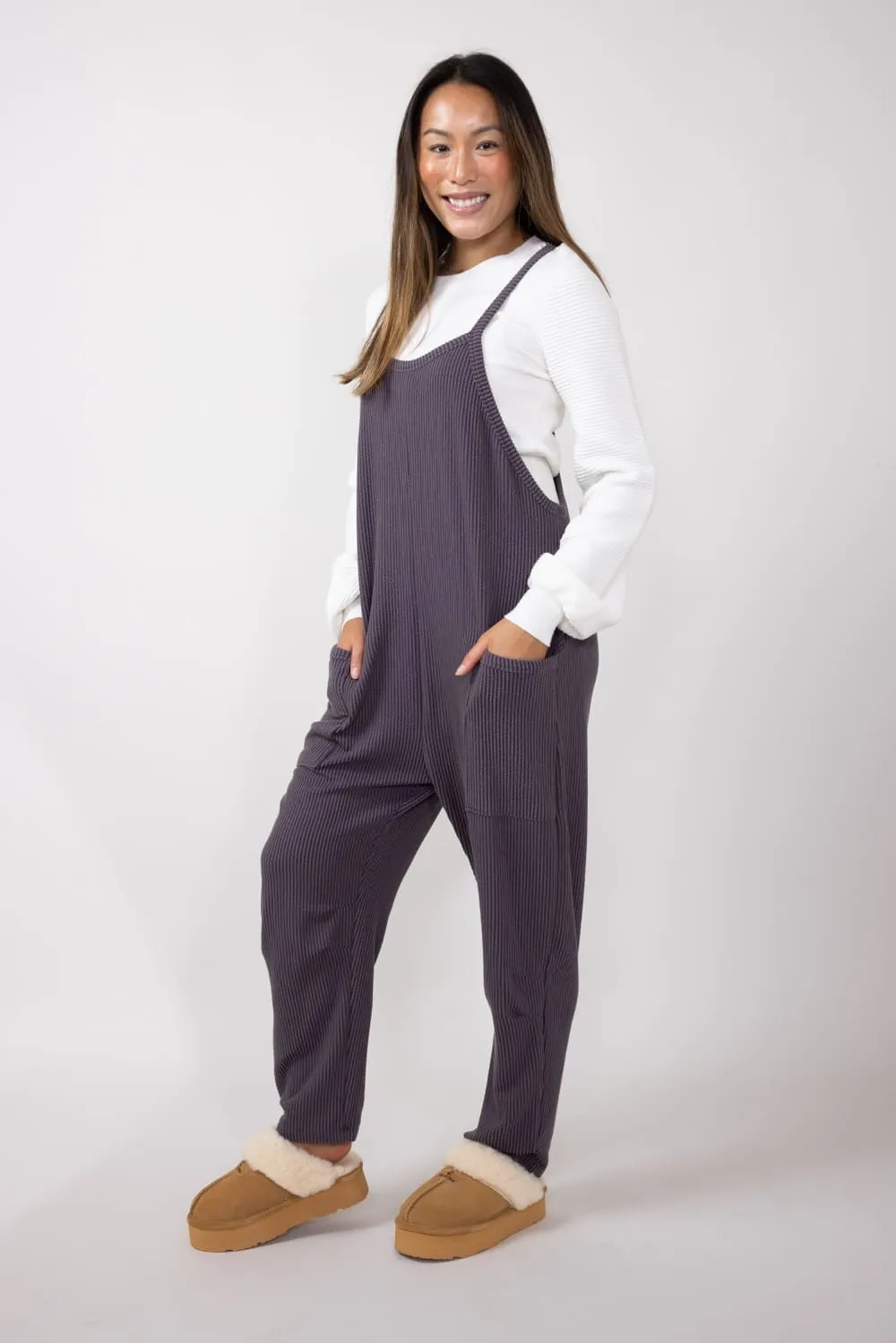 Wave Ribbed Onesie Jumpsuit for Women in Eggplant | WMJ3264-EGGPLANT