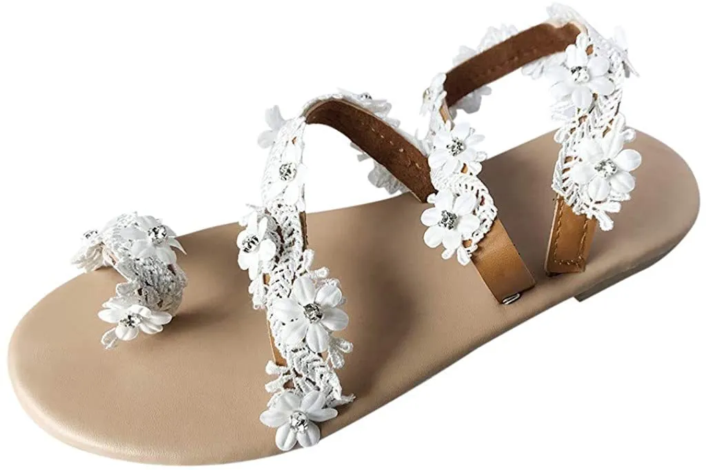 Winsummer Women Leatherette Rhinestone Toe Ring Slingback Dressy Sandal Strappy Flat Gladiator Sandals Roman Shoes