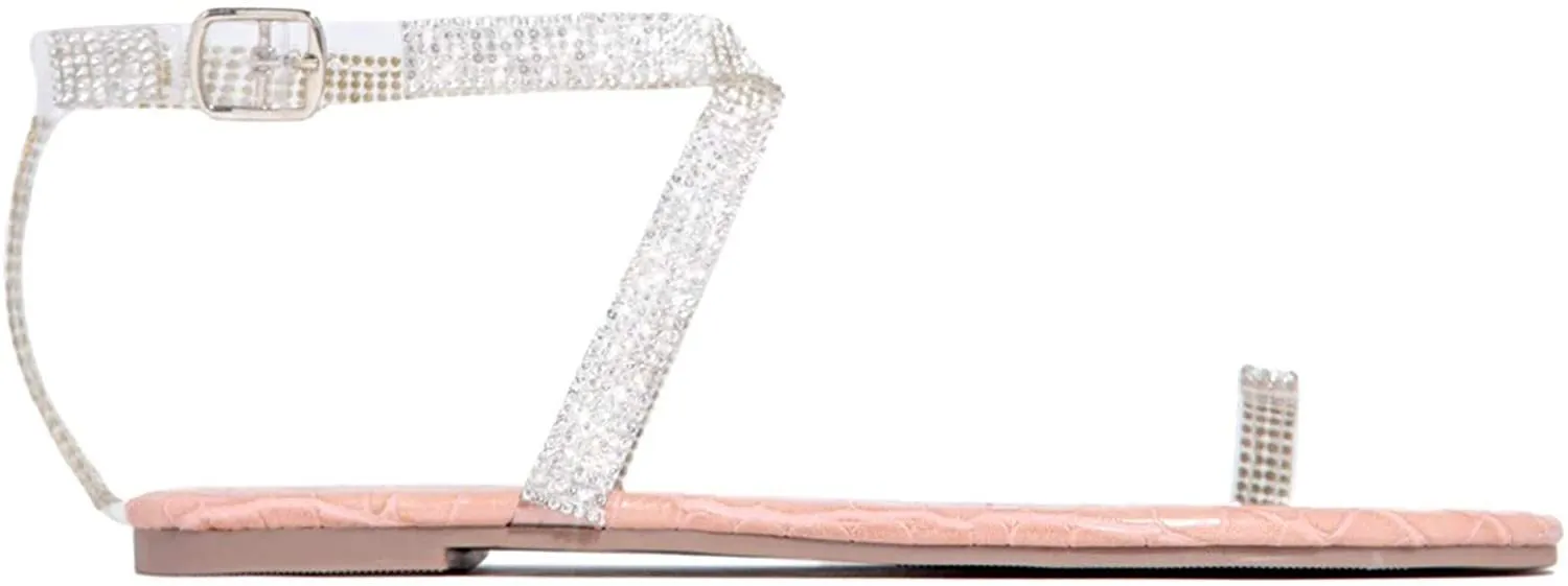 Winsummer Women Leatherette Rhinestone Toe Ring Slingback Dressy Sandal Strappy Flat Gladiator Sandals Roman Shoes