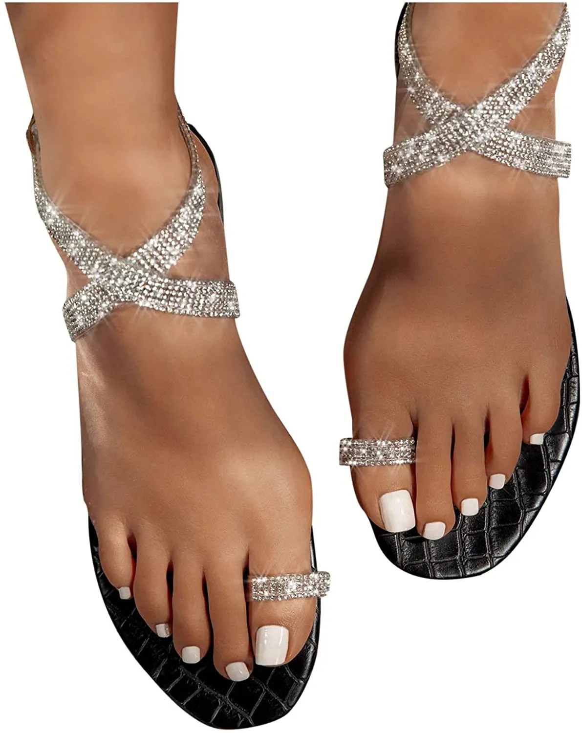 Winsummer Women Leatherette Rhinestone Toe Ring Slingback Dressy Sandal Strappy Flat Gladiator Sandals Roman Shoes