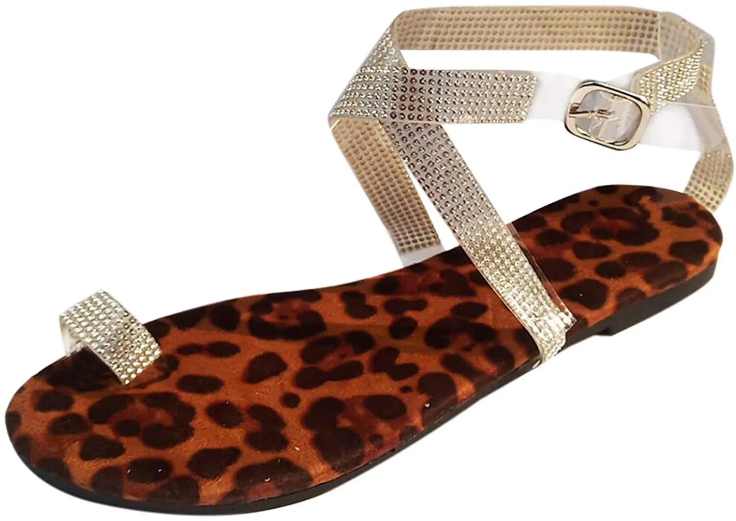 Winsummer Women Leatherette Rhinestone Toe Ring Slingback Dressy Sandal Strappy Flat Gladiator Sandals Roman Shoes