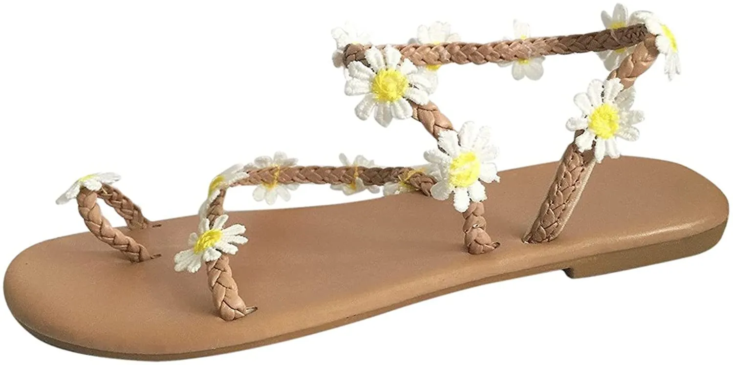 Winsummer Women Leatherette Rhinestone Toe Ring Slingback Dressy Sandal Strappy Flat Gladiator Sandals Roman Shoes