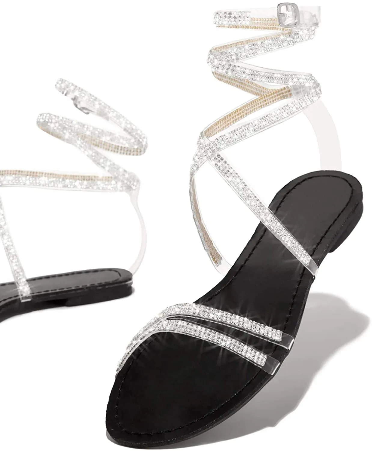 Winsummer Women Leatherette Rhinestone Toe Ring Slingback Dressy Sandal Strappy Flat Gladiator Sandals Roman Shoes