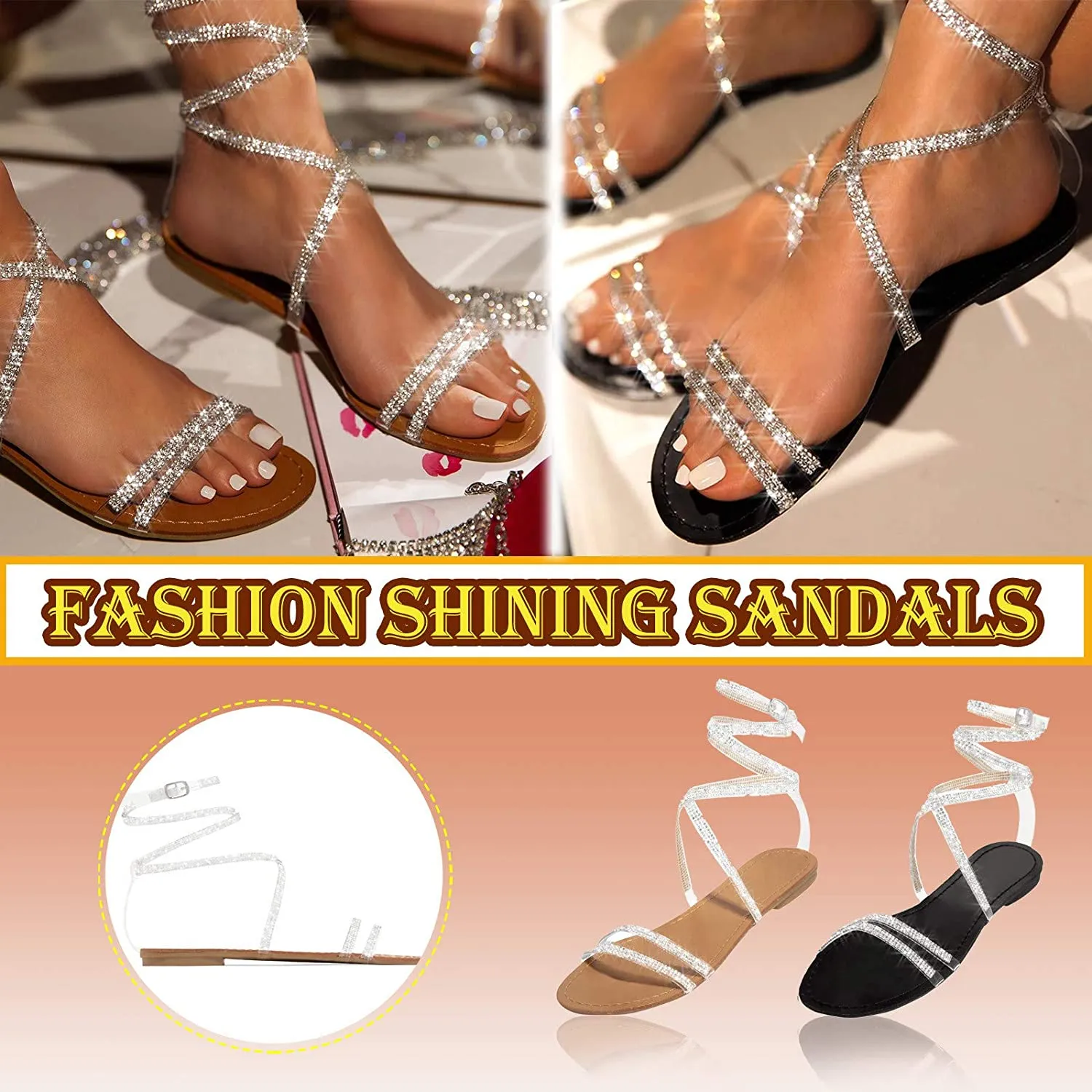 Winsummer Women Leatherette Rhinestone Toe Ring Slingback Dressy Sandal Strappy Flat Gladiator Sandals Roman Shoes