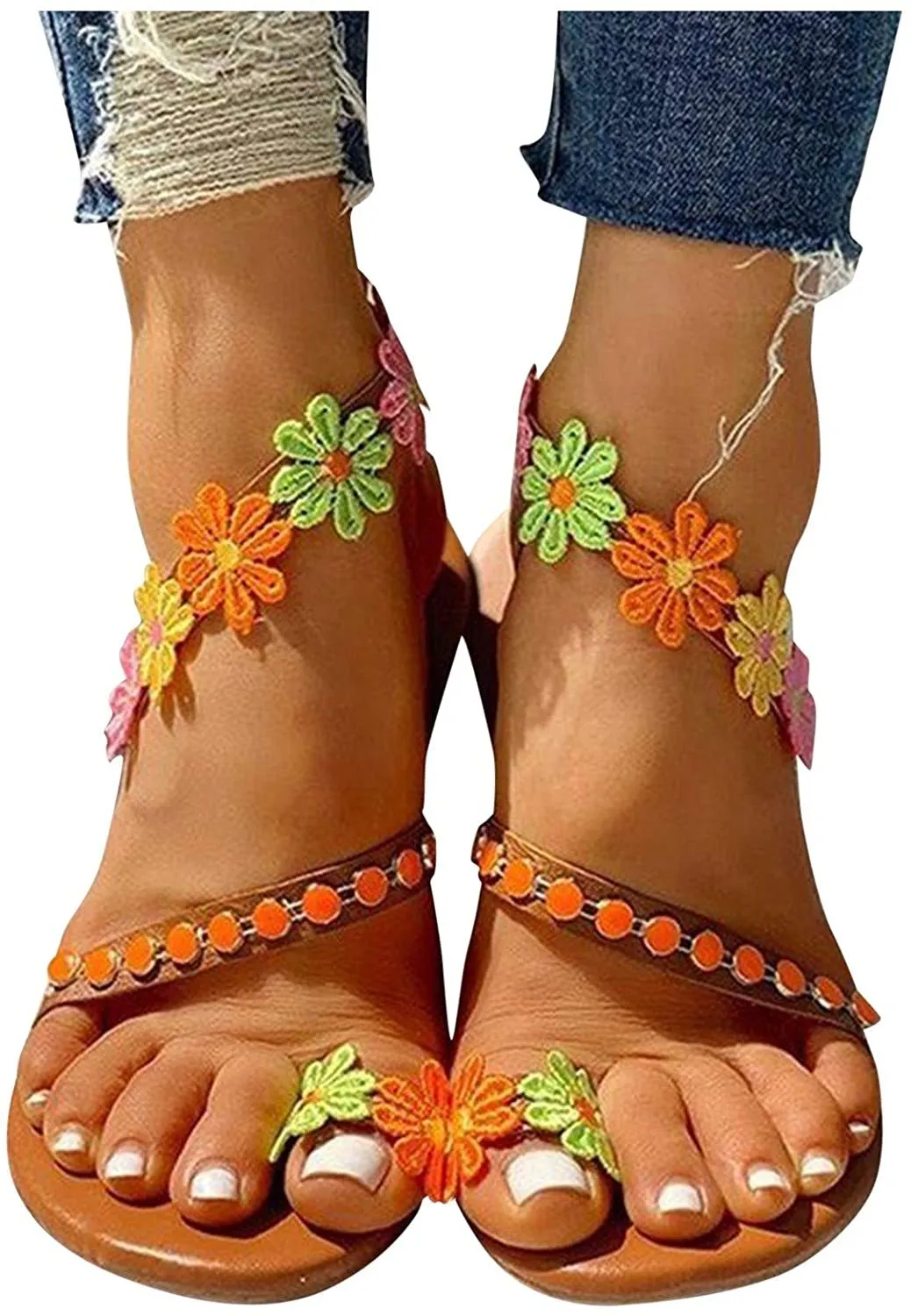 Winsummer Women Leatherette Rhinestone Toe Ring Slingback Dressy Sandal Strappy Flat Gladiator Sandals Roman Shoes