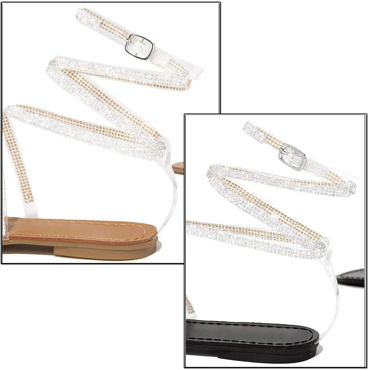 Winsummer Women Leatherette Rhinestone Toe Ring Slingback Dressy Sandal Strappy Flat Gladiator Sandals Roman Shoes