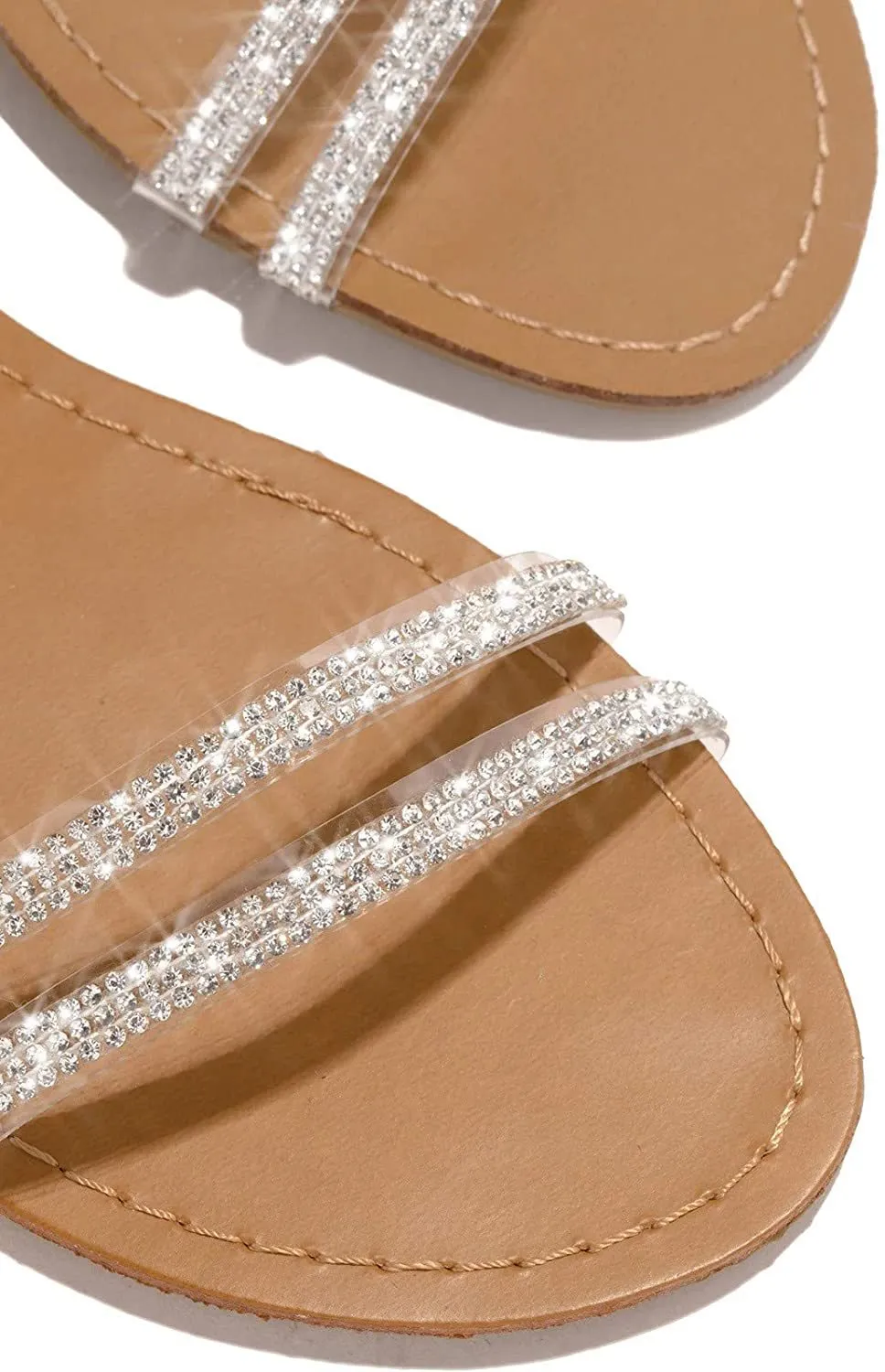 Winsummer Women Leatherette Rhinestone Toe Ring Slingback Dressy Sandal Strappy Flat Gladiator Sandals Roman Shoes