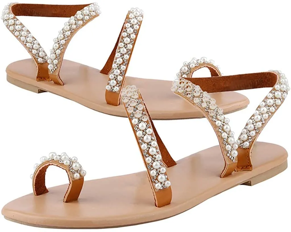 Winsummer Women Leatherette Rhinestone Toe Ring Slingback Dressy Sandal Strappy Flat Gladiator Sandals Roman Shoes