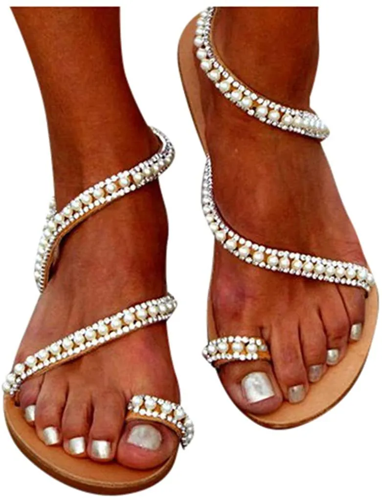 Winsummer Women Leatherette Rhinestone Toe Ring Slingback Dressy Sandal Strappy Flat Gladiator Sandals Roman Shoes