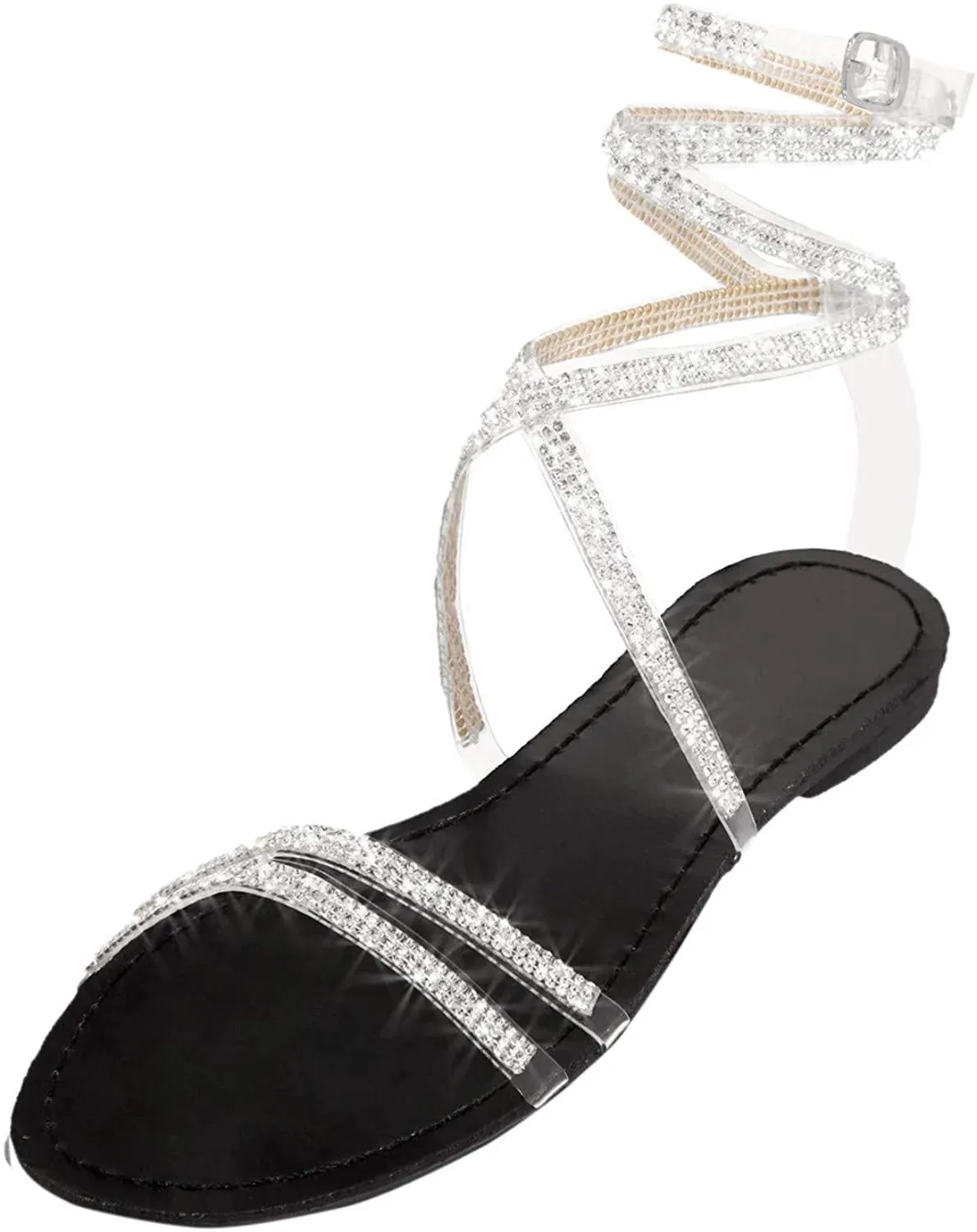 Winsummer Women Leatherette Rhinestone Toe Ring Slingback Dressy Sandal Strappy Flat Gladiator Sandals Roman Shoes