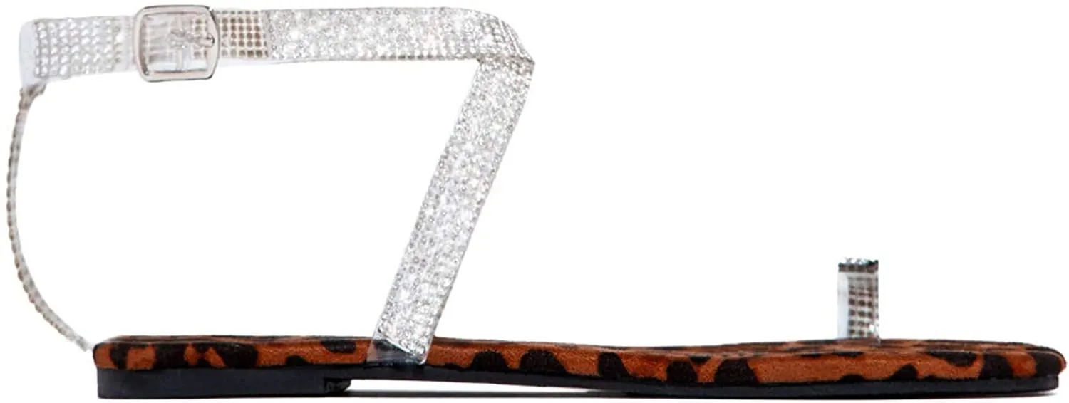 Winsummer Women Leatherette Rhinestone Toe Ring Slingback Dressy Sandal Strappy Flat Gladiator Sandals Roman Shoes