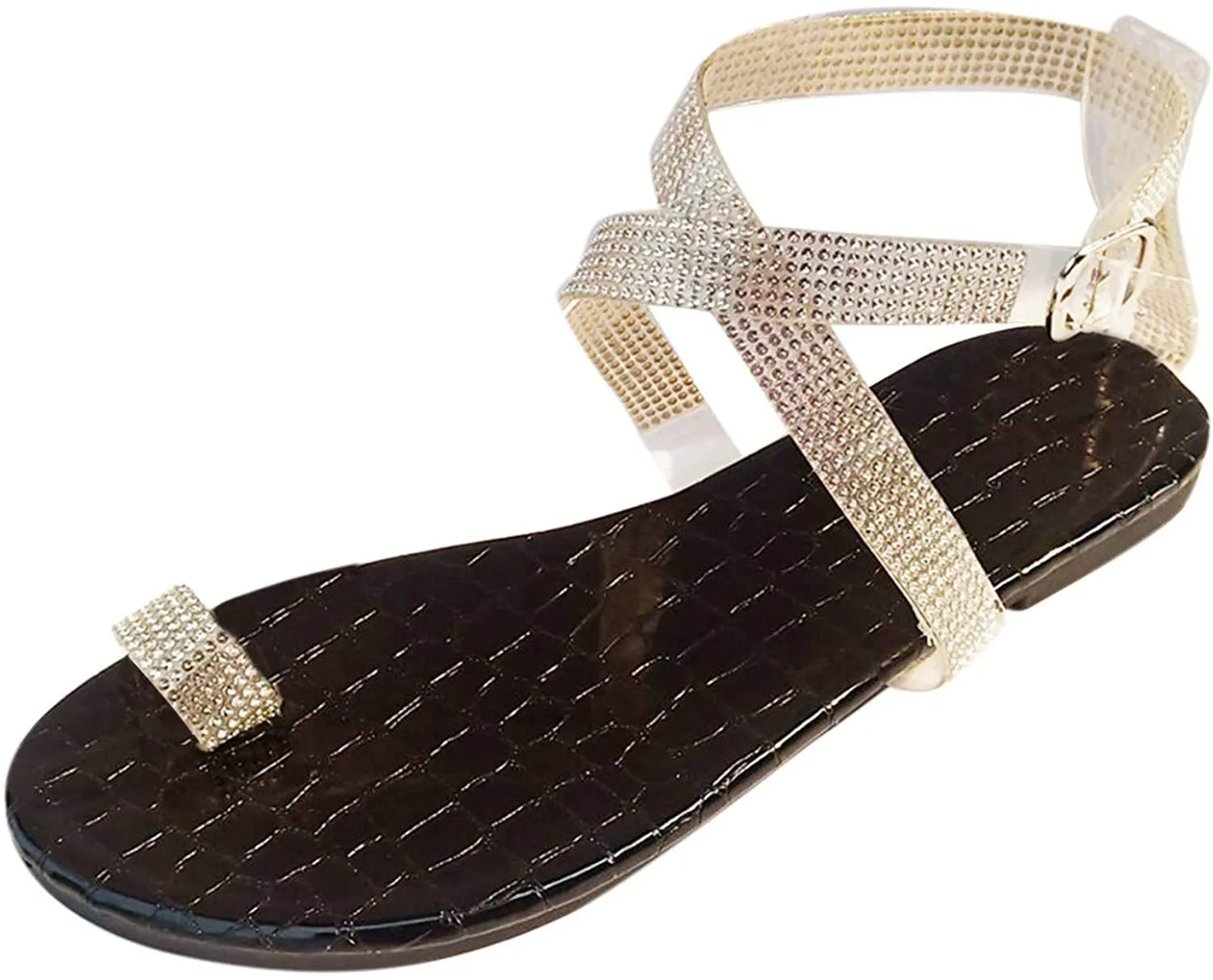 Winsummer Women Leatherette Rhinestone Toe Ring Slingback Dressy Sandal Strappy Flat Gladiator Sandals Roman Shoes