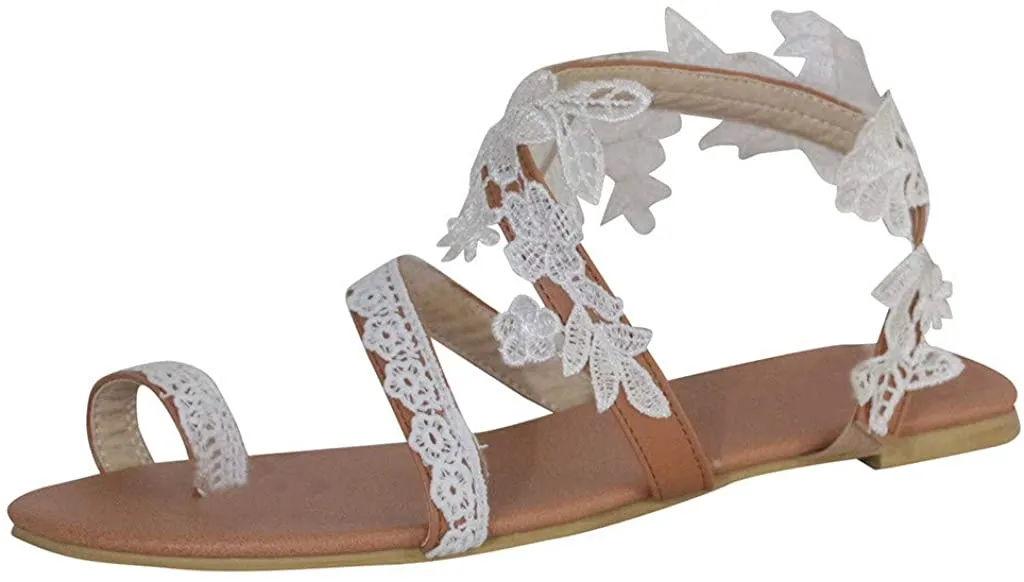 Winsummer Women Leatherette Rhinestone Toe Ring Slingback Dressy Sandal Strappy Flat Gladiator Sandals Roman Shoes