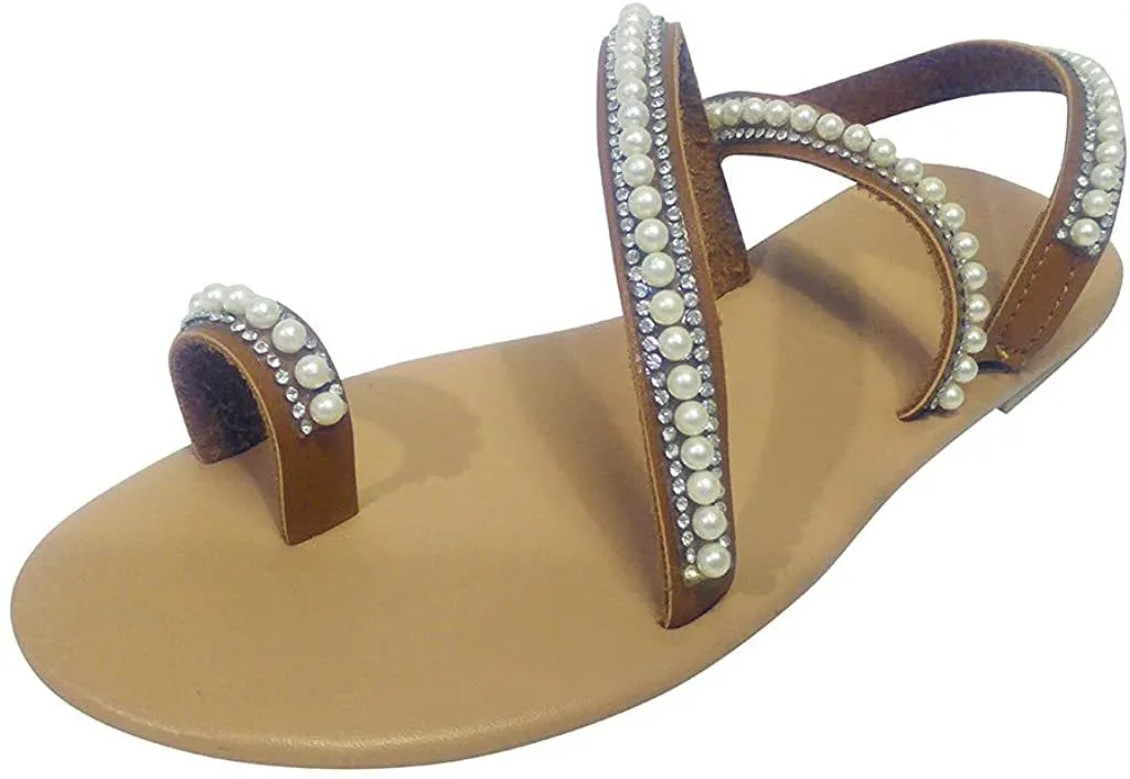 Winsummer Women Leatherette Rhinestone Toe Ring Slingback Dressy Sandal Strappy Flat Gladiator Sandals Roman Shoes