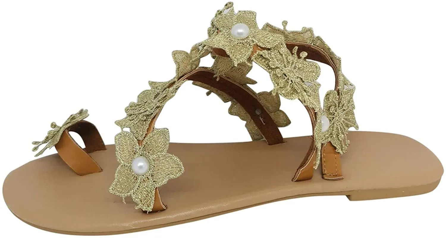 Winsummer Women Leatherette Rhinestone Toe Ring Slingback Dressy Sandal Strappy Flat Gladiator Sandals Roman Shoes