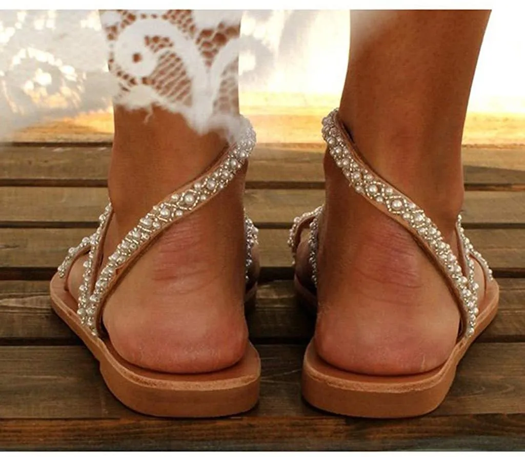 Winsummer Women Leatherette Rhinestone Toe Ring Slingback Dressy Sandal Strappy Flat Gladiator Sandals Roman Shoes