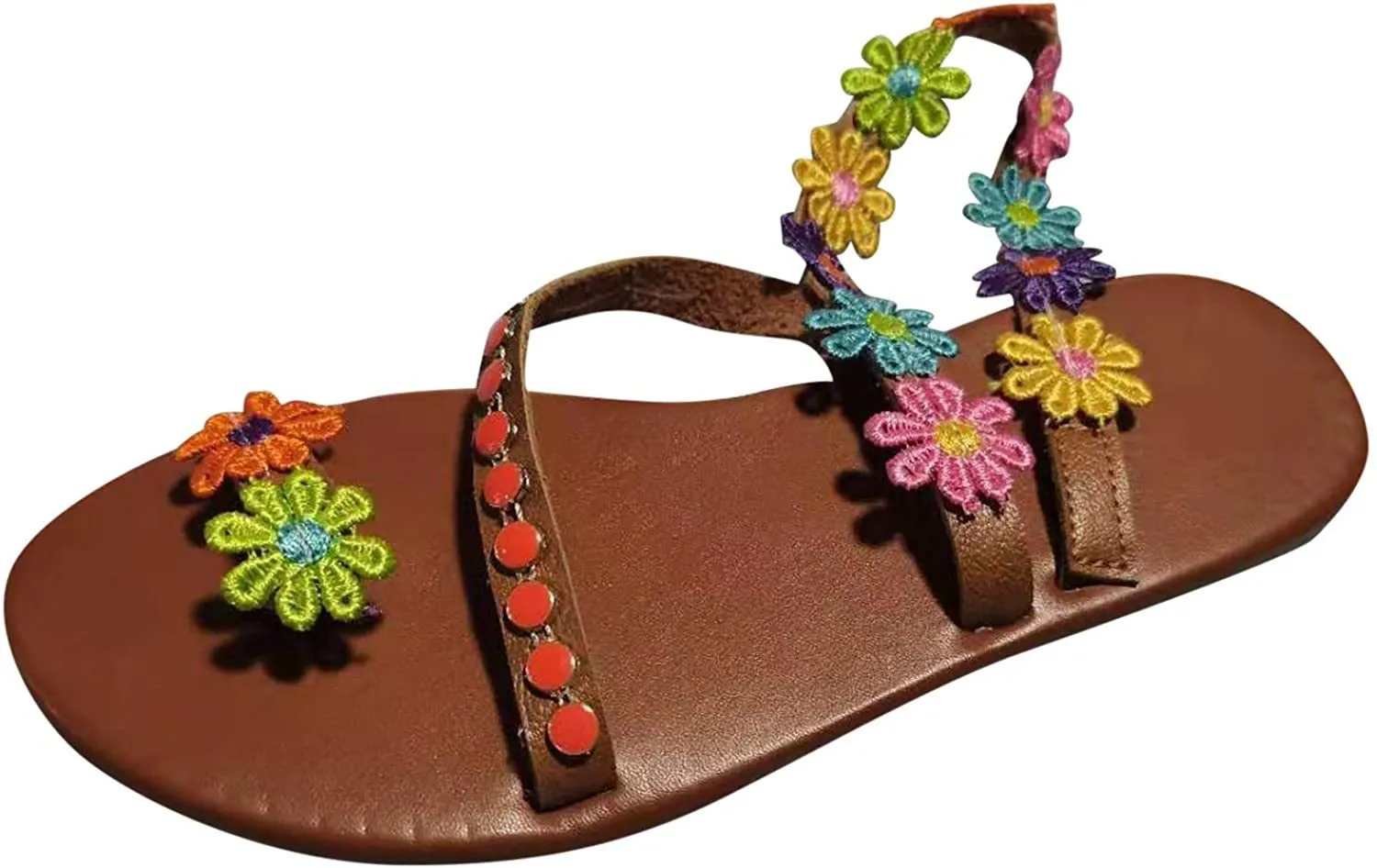 Winsummer Women Leatherette Rhinestone Toe Ring Slingback Dressy Sandal Strappy Flat Gladiator Sandals Roman Shoes