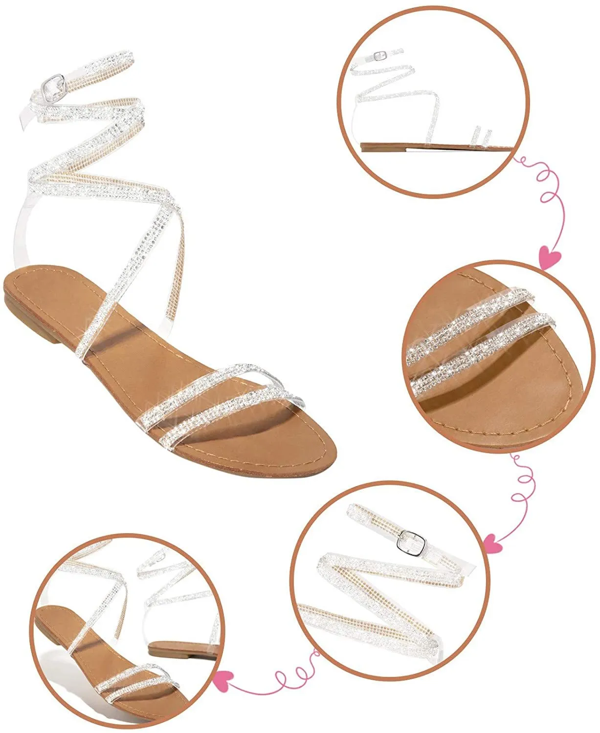 Winsummer Women Leatherette Rhinestone Toe Ring Slingback Dressy Sandal Strappy Flat Gladiator Sandals Roman Shoes